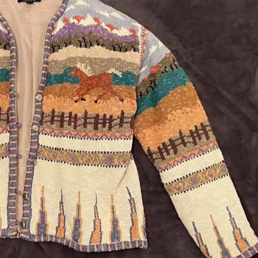 Icelandic Designs Colorful Horse pony western Pattern Cardigan M EUC - Picture 3 of 12